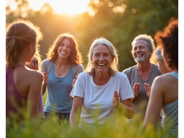 A diverse group of people engaged in holistic wellness activities, symbolizing community and personal growth.