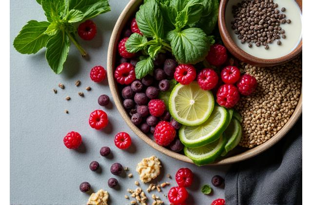 Healthy food ingredients like leafy greens, kefir, and berries, symbolizing gut health
