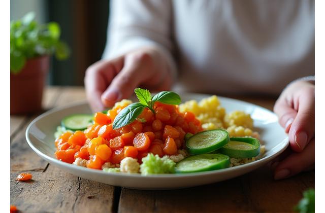 A person enjoying a healthy, colorful meal mindfully