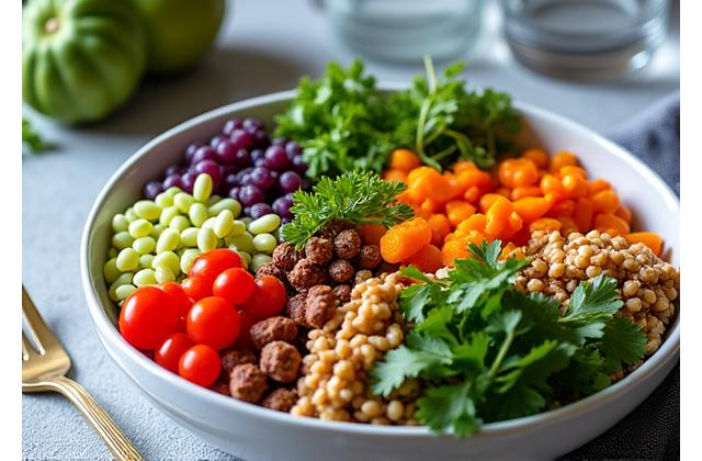 A beautifully arranged plate of vibrant plant-based dishes