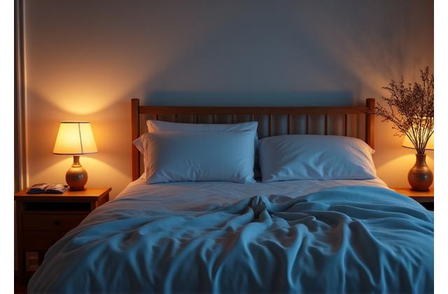 A peaceful bedroom scene with soft lighting, suggesting good sleep hygiene