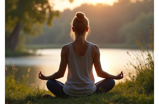 A calm person meditating outdoors, representing stress relief
