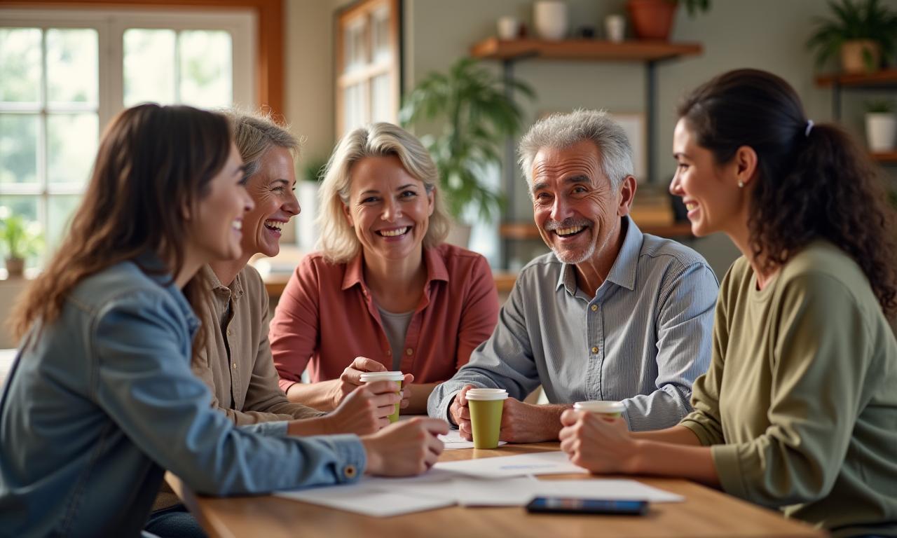 Diverse group of people smiling and interacting in a supportive community setting