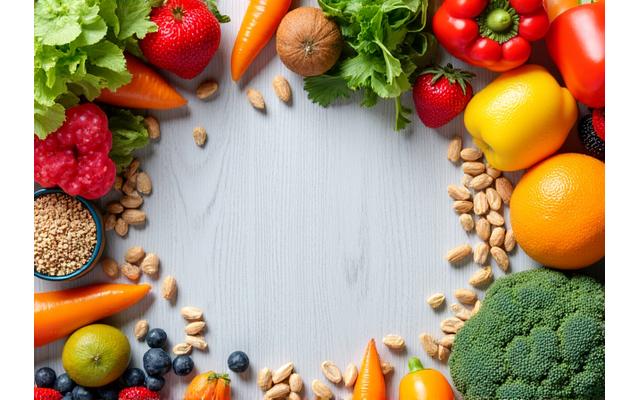 A vibrant flat lay of various healthy foods, including fruits, vegetables, and whole grains, symbolizing nutrition advice.