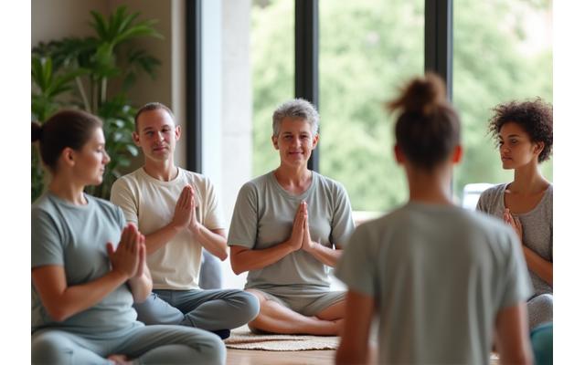 Diverse group of people in light, active wear participating in a group fitness or meditation class.